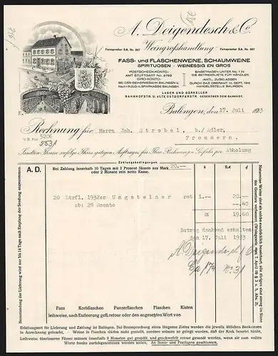 Rechnung Balingen 1933, A. Deigendesch & Co., Weingrosshandlung, Ansicht des Geschäfts und der Weinkeller