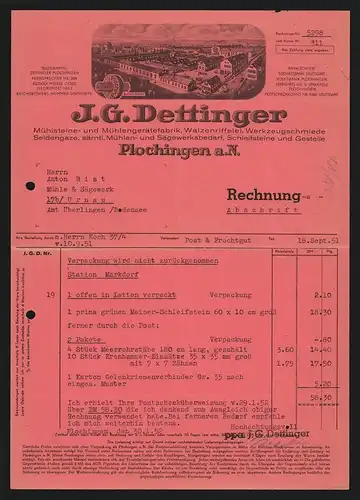 Rechnung Plochingen a. N. 1951, J. G. Dettinger, Fabrik für sämtlichen Mühlen- und Sägewerksbedarf, Werksansicht