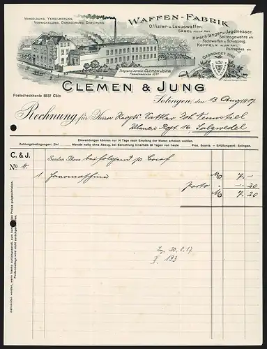 Rechnung Solingen 1917, Clemen & Jung, Waffen-Fabrik, Schusswaffen und Messer und Säbel aller Art, Werksansicht