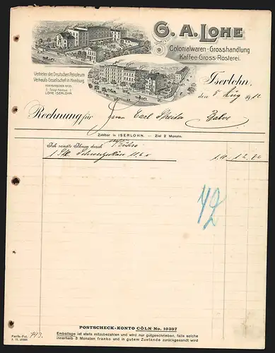 Rechnung Iserlohn 1912, G. A. Lohe, Colonialwaren-Grosshandlung, Kaffee-Gross-Rösterei, reger Betrieb am Fabrikgelände