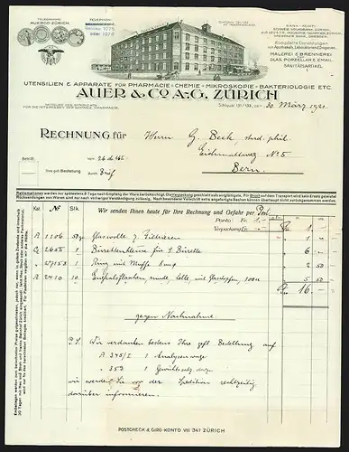 Rechnung Zürich 1921, Auer & Co. AG, Utensilien & Apparate für Pharmacie, Chemie etc., Fabrikgelände mit Strassenbahn