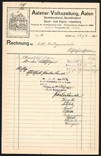 Rechnung Aalen 1920, Aalener Volkszeitung, Buchdruckerei, Buchbinderei, Buch- und Papier-Handlung, Ladenansicht