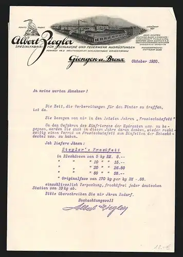 Rechnung Giengen a. Brenz 1930, Albert Ziegler, Spezialfabrik für Schläuche und Feuerwehr-Ausrüstung, Werksansicht