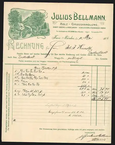 Rechnung Hann. Münden 1906, Julius Bellmann, Holz-Grosshandlung, Alte Wassermühle und zwei Holzfäller