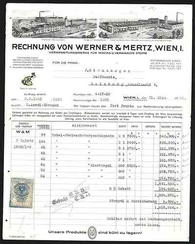 Rechnung Wien 1923, Werner & Mertz, Verarbeitungswerk für Wachs u. verwandte Stoffe, Werksansichten in Wien und Mainz