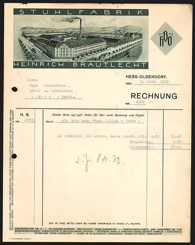 Rechnung Hess.-Oldendorf 1932, Heinrich Brautlecht Stuhlfabrik, Pferdebahn am Fabrikgelände