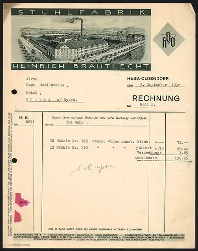 Rechnung Hess.-Oldendorf 1932, Heinrich Brautlecht Stuhlfabrik, Fabrikgelände mit Pferdebahn