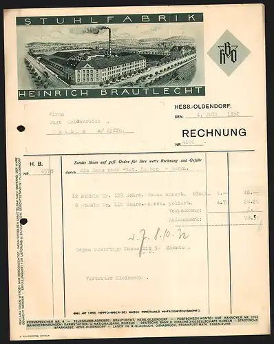 Rechnung Hess.-Oldendorf 1932, Heinrich Brautlecht Stuhlfabrik, Pferdebahn am Werksgelände