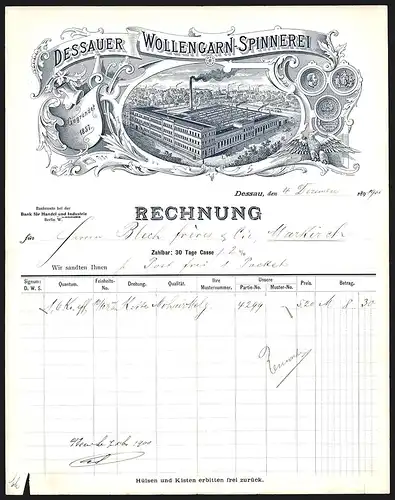 Rechnung Dessau 1900, Dessauer Wollengarn-Spinnerei, Auszeichnungen und Werksansicht aus der Vogelschau