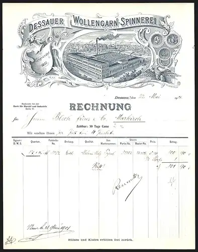 Rechnung Dessau 1901, Dessauer Wollengarn-Spinnerei, Auszeichnungen und Werksansicht aus der Vogelschau