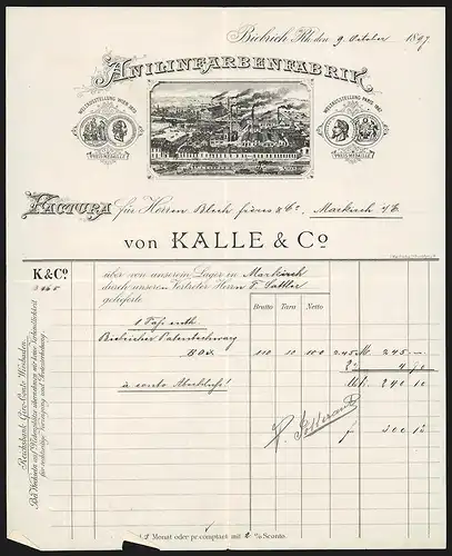 Rechnung Biebrich a. Rh. 1898, Kalle & Co., Anilinfarbenfabrik, Totalansicht der Fabrik und Auszeichnungen