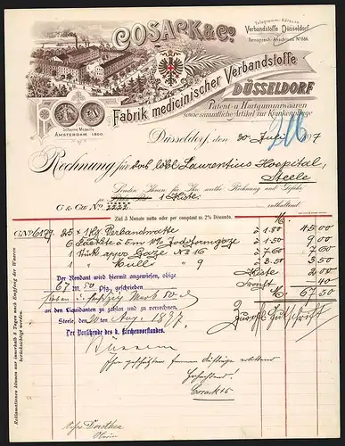 Rechnung Düsseldorf 1897, Cosack & Co., Fabrik medicinischer Verbandsstoffe, Werksansicht, Logo und Medaille 1890