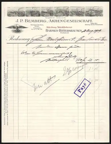 Rechnung Crefeld 1909, J. P. Bemberg AG, Abteilung Stückfärberei, Sechs verschiedene Werksansichten