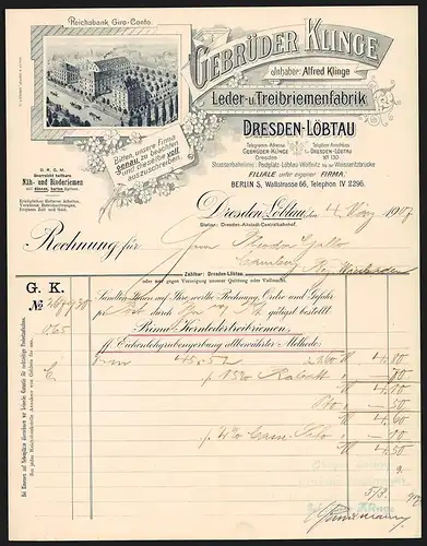 Rechnung Dresden-Löbtau 1907, Gebrüder Klinge, Leder- und Treibriemenfabrik, Pferdekutschen vor dem Werksgelände