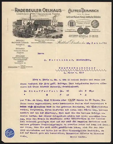 Rechnung Radebeul-Dresden 1912, Radebeuler Oelhaus Alfred Demmrich, Chemisch-technische Fabrik, Werksansicht u. Medaille