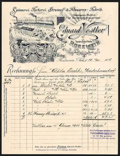 Rechnung Rosswein 1910, Eduard Nestler, Spinnerei, Färberei, Strumpf- & Filzwaren-Fabrik, Fabrikansicht und Medaillen