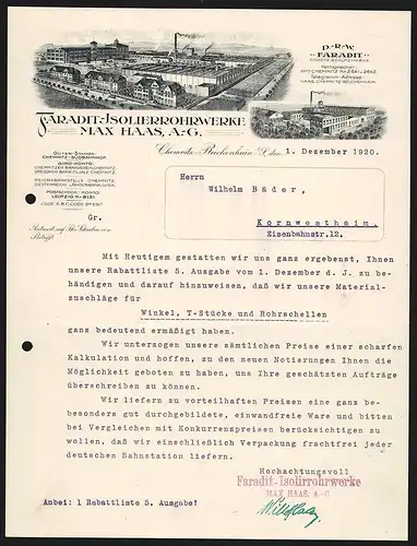 Rechnung Chemnitz-Reichenhain 1920, Max Haas AG, Faradit-Isolierrohrwerke, Totalansicht des Fabrikgeländes
