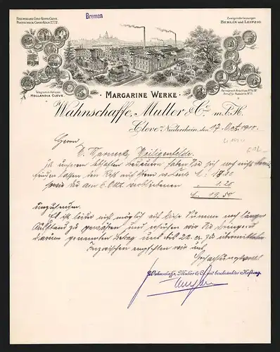 Rechnung Cleve a. Niederrhein 1910, Wahnschaffe, Muller & Co. mbH, Margarine Werke, Werksansicht und Auszeichnungen