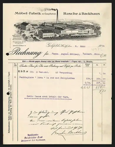 Rechnung Gohfeld i. Westf. 1921, Rasche & Backhaus, Möbel-Fabrik mit Dampfbetrieb, Blick auf das Fabrikgelände