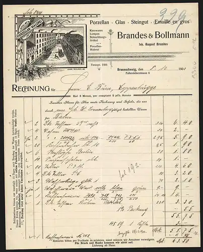 Rechnung Braunschweig 1902, Brandes & Bollmann, Porzellan, Glas, Steingut, Emaille en gros, Pferdebahn am Werksgelände