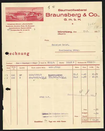 Rechnung Münchberg 1933, Braunsberg & Co. GmbH, Baumwollweberei, Blick auf das Werksgelände