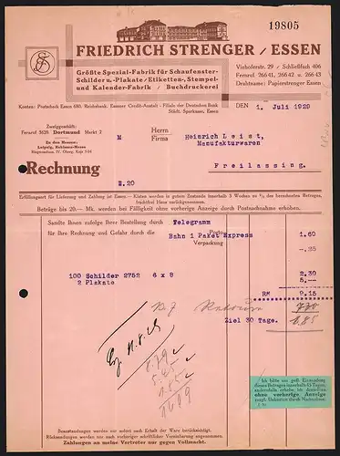 Rechnung Essen 1929, Friedrich Strenger, Spezialfabrik für Schaufenster-Schilder und -Plakate, Geschäftshäuser und Logo