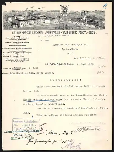 Rechnung Lüdenscheid 1923, Lüdenscheider Metall-Werke Akt.-Ges., Ansicht der Fabrikgebäude, Firmenlogo