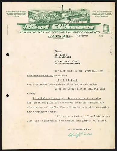 Rechnung Freital (Sa.) 1934, Albert Glühmann, Mechanische Fass- und Bottichfabrik, Fabrikgelände und Fass