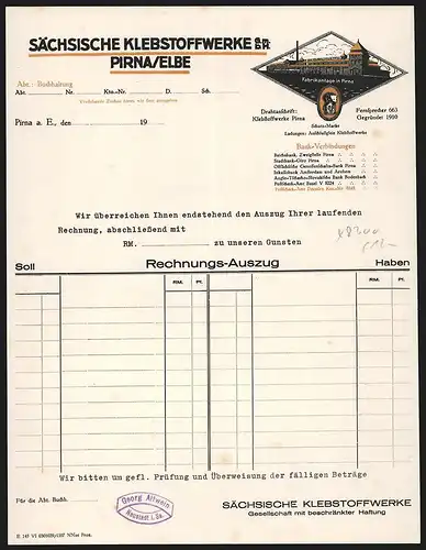 Rechnung Pirna, Sächsische Klebstoffwerke GmbH, Fabrikanlage und Firmenlogo