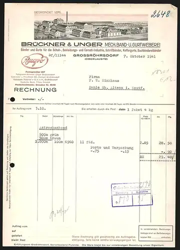 Rechnung Grossröhrsdorf 1941, Brückner & Unger, Mech. Band- und Gurtweberei, Blick auf die Fabrikanlage