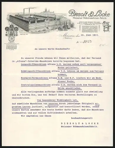 Rechnung Meissen 1914, Biesolt & Locke, Nähmaschinen-Fabrik, Auszeichnungen, Werkansicht und Nähmaschine Afrana