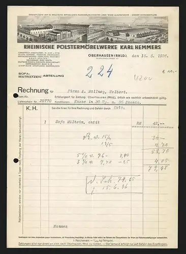 Rechnung Oberhausen (Rhld.) 1936, Karl Hemmers, Rheinische Polstermöbelwerke, Fabrikgelände mit eigenem Bahnanschluss