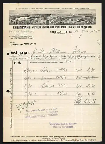 Rechnung Oberhausen (Rhld.) 1935, Karl Hemmers, Rheinische Polstermöbelwerke, Fabrikgelände mit eigenem Bahnanschluss