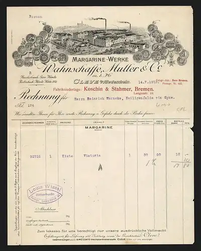 Rechnung Cleve a. Niederrhein 1913, Wahnschaffe, Muller & Co. mbH, Margarine-Werke, Fabrikanlage und Auszeichnungen