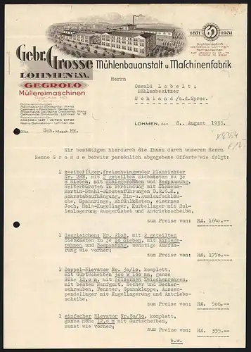 Rechnung Lohmen 1935, Gebr. Grosse, Mühlenbauanstalt und Maschinenfabrik, Blick auf das Werksareal