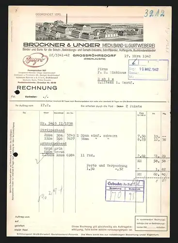 Rechnung Grossröhrsdorf (Oberlausitz) 1942, Brückner & Unger, Mech. Band- und Gurtweberei, Totalansicht der Fabrik