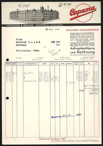 Rechnung Wuppertal 1940, Firma Vorsteher & Bünger, Capama, Textil- & Kunstlederwerk, Fabrikgelände und Firmenlogo