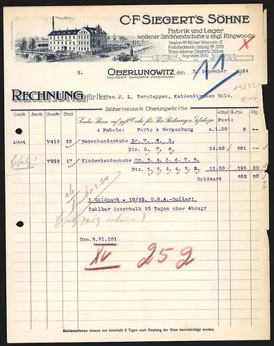 Rechnung Oberlungwitz 1924, C. F. Siegert`s Söhne, Fabrik und Lager wollener Strickhandschuhe & engl. Ringwoods, Fabrik