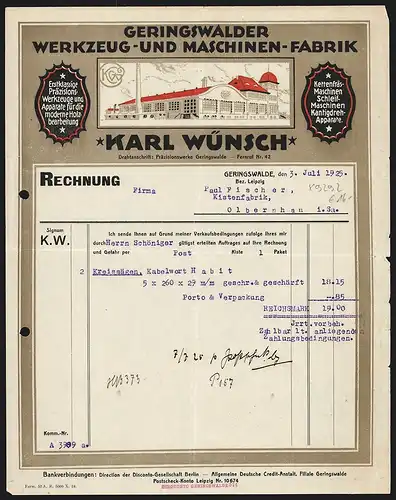 Rechnung Geringswalde 1925, Karl Wünsch, Werkzeug- und Maschinen-Fabrik, Grosses Fabrikgebäude und Firmenlogo