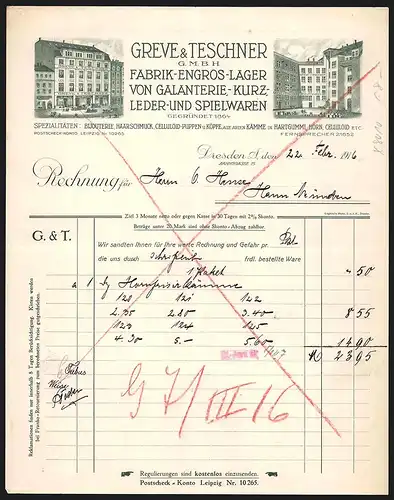 Rechnung Dresden 1916, Greve & Teschner GmbH, Galanterie-, Kurz-, Leder- & Spielwaren, Fabrik- und Ladenansicht