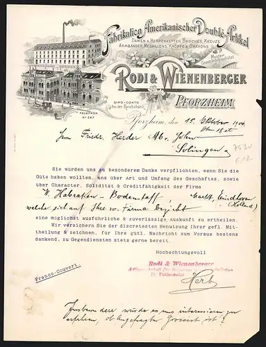 Rechnung Pforzheim 1904, Rodi & Wienenberger, Fabrikation Amerikanischer Doublé-Artikel, Werk und Laden