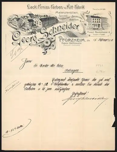 Rechnung Pforzheim 1904, Georg Schneider, Lack-, Firniss-, Farben- & Kitt-Fabrik, Werksansicht und Filiale