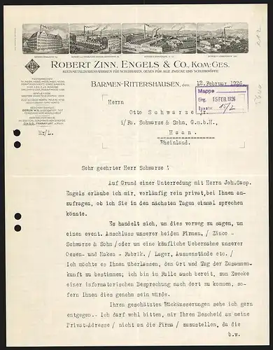 Rechnung Barmen-Rittershausen 1926, Robert Zinn, Engels & Co. Kom.-Ges., Kleinmetallwaren, Vier Fabrikanlagen