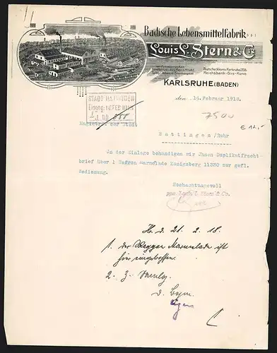 Rechnung Karlsruhe /Baden 1918, Louis L. Stern & Cie., Lebensmittelfabrik, Gesamtansicht der Fabrikanlage