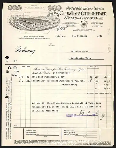 Rechnung Süssen 1936, Gebrüder Ottenheimer, Mechanische Weberei, Transportzug am Werkgelände, Auszeichnungen