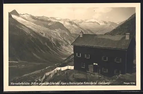 AK Warnsdorferhütte, Berghütte gegen die Zillertaler Alpen und Reichenspitze Krimmlertal