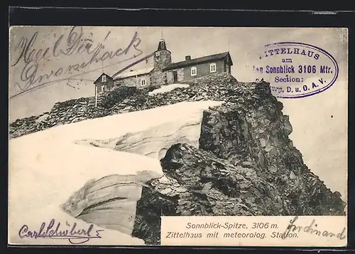AK Zittelhaus u. meteorologische Station, Berghütte auf der Sonnblick-Spitze im Schnee
