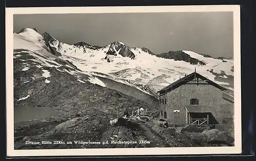 AK Zittauer Hütte, Berghütte am Wildgerlossee gegen die Reichenspitze