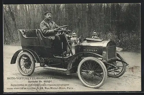 AK Auto Hugot (1906 /07), Moto-Voiturette, Chauffeur im KFZ auf einem Waldweg