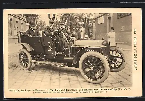AK Auto Peugeot (1907), Renaux, Sieger des Coupe de la Presse Rennens 1907, im Fahrzeug